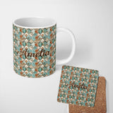 Personalized Custom Name Abstract Moroccan Tile Watercolor Seamless Pattern Rustic Artistic 11oz Ceramic Coffee Tea Mug White Large Handle