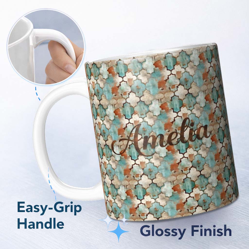Personalized Custom Name Abstract Moroccan Tile Watercolor Seamless Pattern Rustic Artistic 11oz Ceramic Coffee Tea Mug White Large Handle
