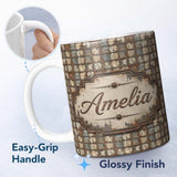 Personalized Custom Name Distressed Metal Panel Grid Seamless Pattern Vintage Industrial 11oz Ceramic Coffee Tea Mug White Large Handle
