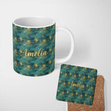 Personalized Custom Name Teal Gold Abstract Texture Seamless Pattern Luxury Artistic 11oz Ceramic Coffee Tea Mug White Large Handle