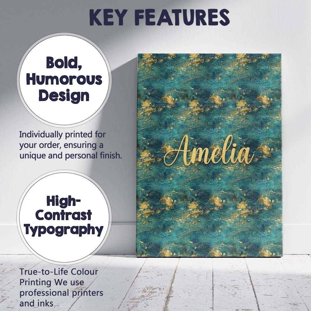 Personalised Name Teal Gold Abstract Custom Premium Decorative Design Modern Room Accent Canvas Wall Art Print Decor Picture Ready to Hang