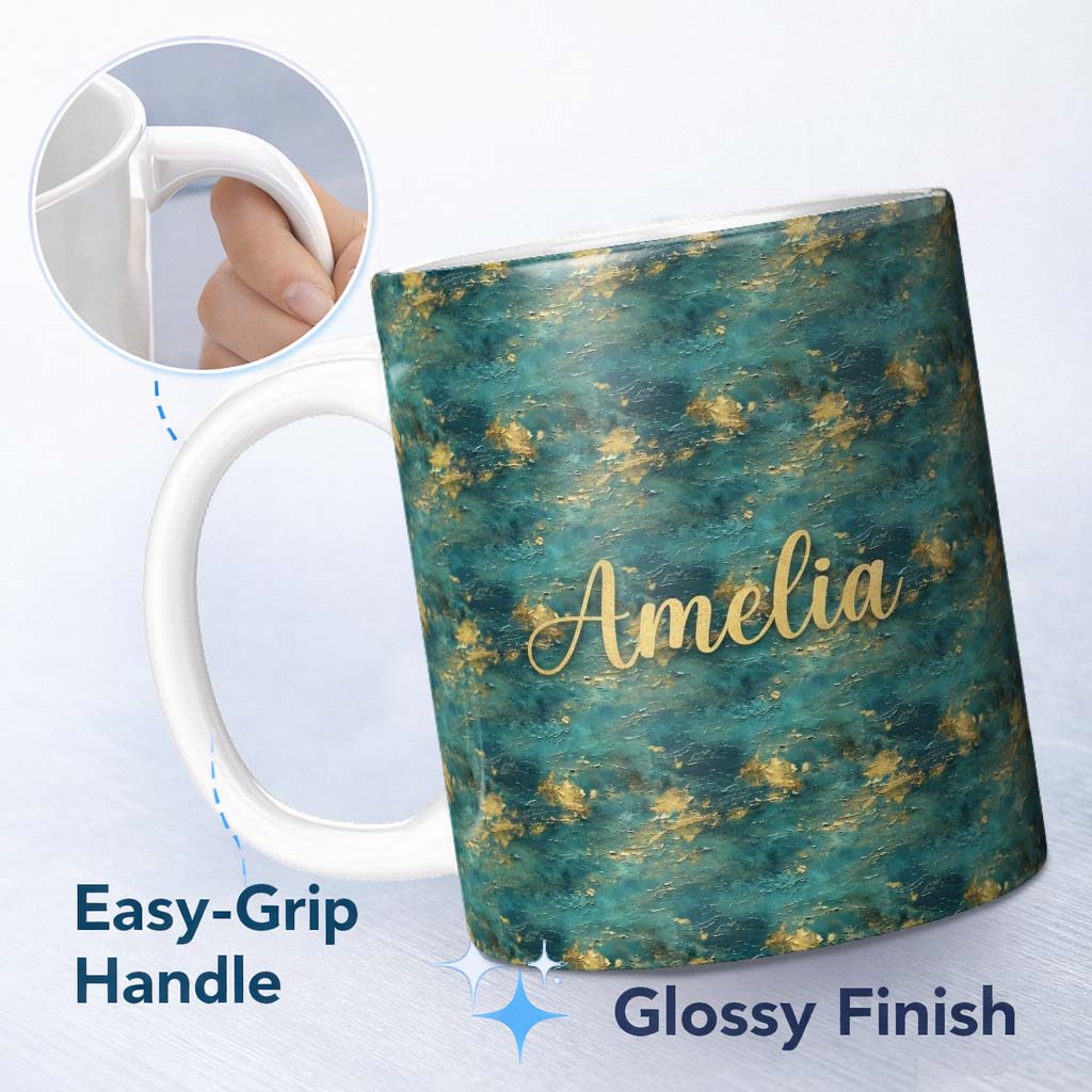 Personalized Custom Name Teal Gold Abstract Texture Seamless Pattern Luxury Artistic 11oz Ceramic Coffee Tea Mug White Large Handle
