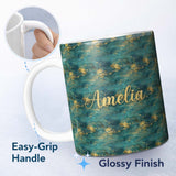 Personalized Custom Name Teal Gold Abstract Texture Seamless Pattern Luxury Artistic 11oz Ceramic Coffee Tea Mug White Large Handle