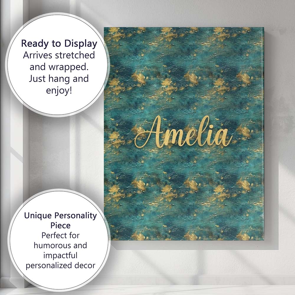 Personalised Name Teal Gold Abstract Custom Premium Decorative Design Modern Room Accent Canvas Wall Art Print Decor Picture Ready to Hang