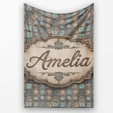 Vintage Ornamental Metal Tile Seamless Pattern Antique Floral Grid  Personalised Custom Name Super Soft Fleece Blanket Bed Sofa Throw