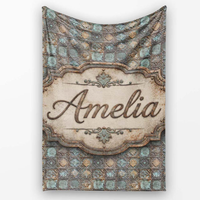 Vintage Ornamental Metal Tile Seamless Pattern Antique Floral Grid  Personalised Custom Name Super Soft Fleece Blanket Bed Sofa Throw