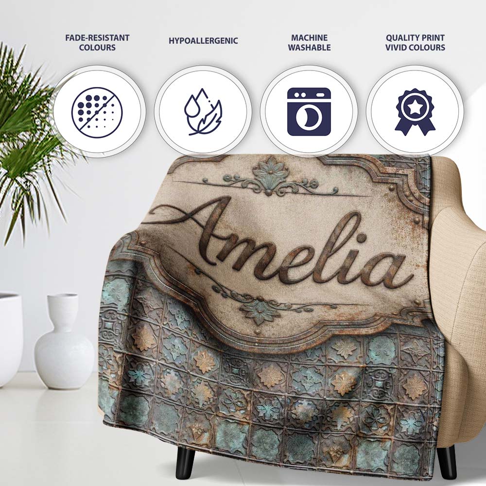 Vintage Ornamental Metal Tile Seamless Pattern Antique Floral Grid  Personalised Custom Name Super Soft Fleece Blanket Bed Sofa Throw