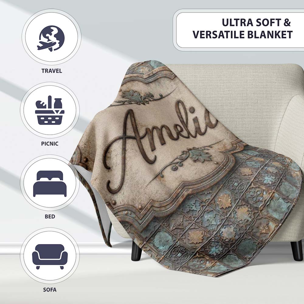 Vintage Ornamental Metal Tile Seamless Pattern Antique Floral Grid  Personalised Custom Name Super Soft Fleece Blanket Bed Sofa Throw