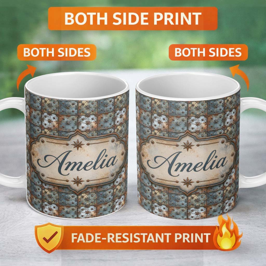 Personalized Custom Name Star Embossed Metal Tile Seamless Pattern Rustic Industrial 11oz Ceramic Coffee Tea Mug White Large Handle