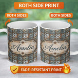 Personalized Custom Name Star Embossed Metal Tile Seamless Pattern Rustic Industrial 11oz Ceramic Coffee Tea Mug White Large Handle