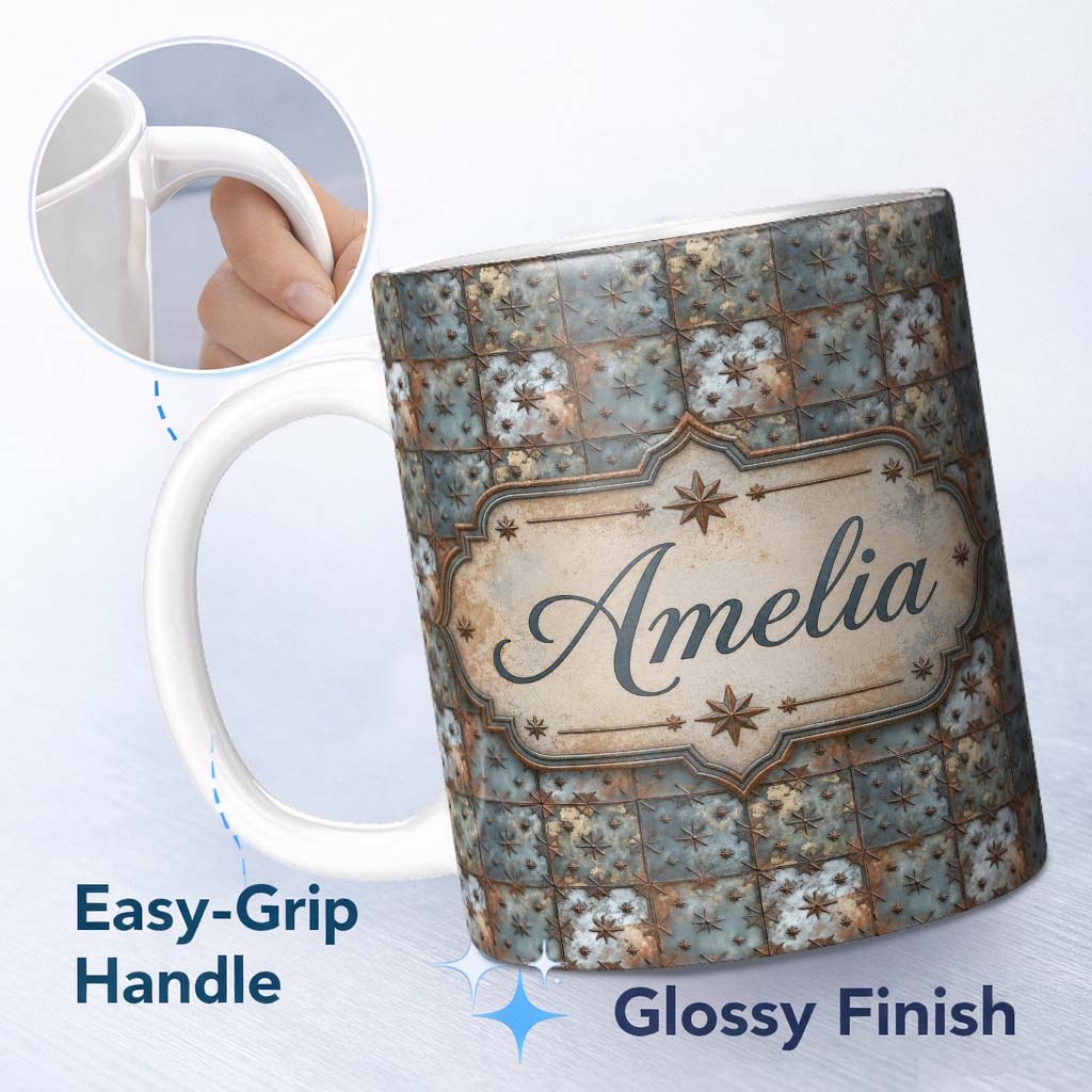 Personalized Custom Name Star Embossed Metal Tile Seamless Pattern Rustic Industrial 11oz Ceramic Coffee Tea Mug White Large Handle