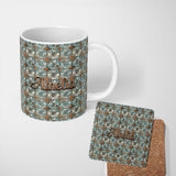 Personalized Custom Name Vintage Blue Floral Tile Seamless Pattern Distressed Ornamental 11oz Ceramic Coffee Tea Mug White Large Handle