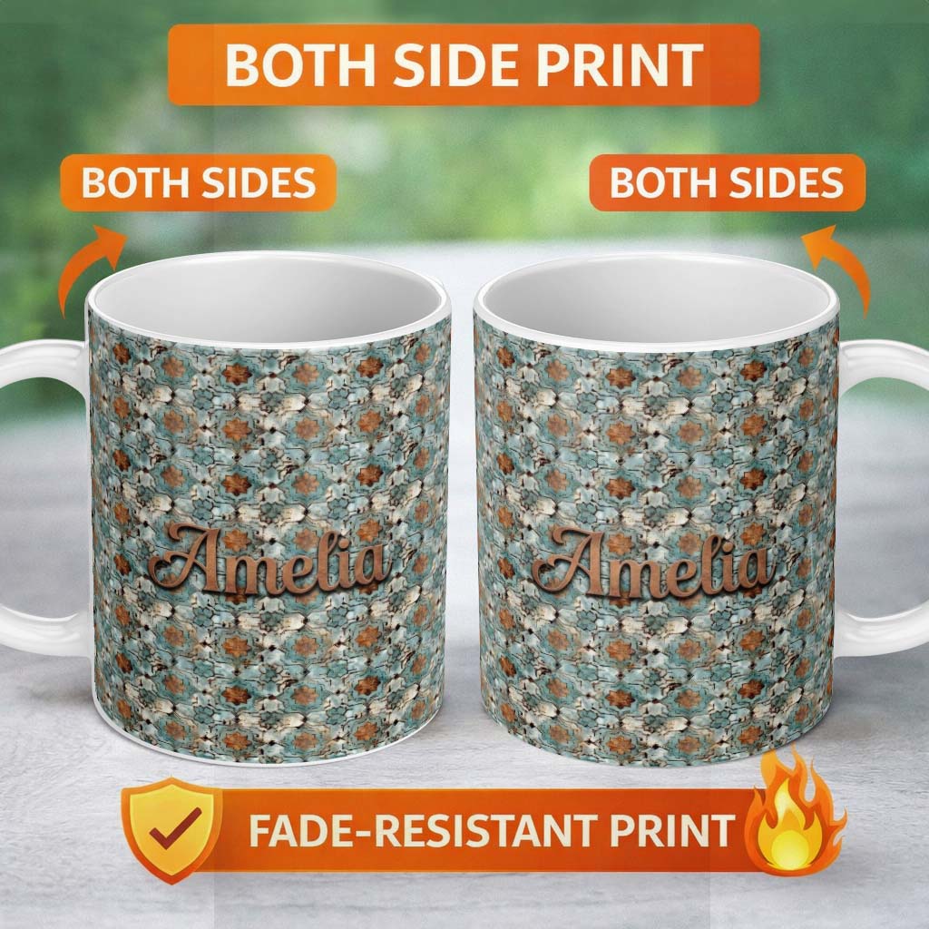 Personalized Custom Name Vintage Blue Floral Tile Seamless Pattern Distressed Ornamental 11oz Ceramic Coffee Tea Mug White Large Handle