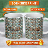 Personalized Custom Name Vintage Blue Floral Tile Seamless Pattern Distressed Ornamental 11oz Ceramic Coffee Tea Mug White Large Handle