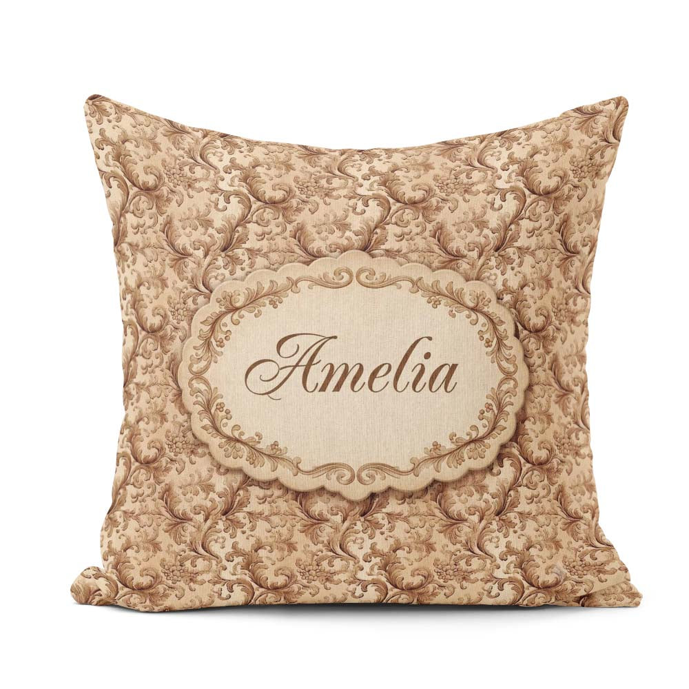 Custom Name Classic Beige Floral Damask Seamless Pattern Elegant Square Filled Cushion Throw Pillow Sofa Bed Home Decor Zip Washable UK Made