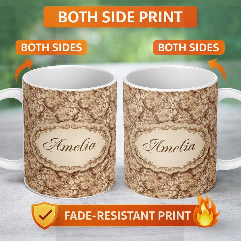 Personalized Custom Name Classic Beige Floral Damask Seamless Pattern Elegant Vintage Design 11oz Ceramic Coffee Tea Mug White Large Handle