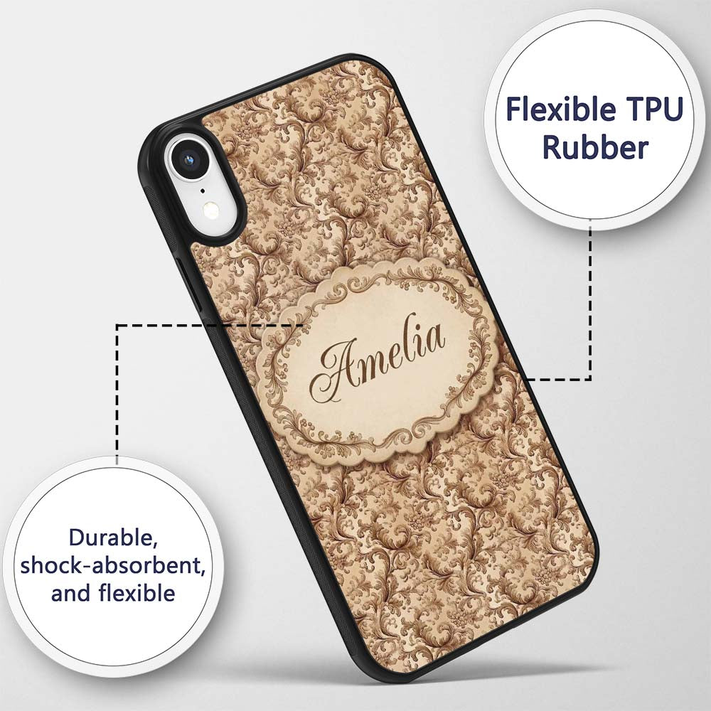 Classic Beige Floral Damask Seamless Pattern Custom Name Protective Phone Case Mobile Cover Durable Everyday Smartphone Shock Resistant