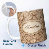 Personalized Custom Name Classic Beige Floral Damask Seamless Pattern Elegant Vintage Design 11oz Ceramic Coffee Tea Mug White Large Handle