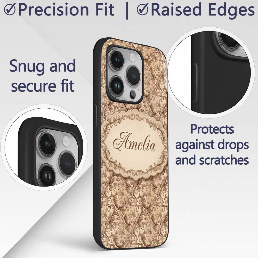 Classic Beige Floral Damask Seamless Pattern Custom Name Protective Phone Case Mobile Cover Durable Everyday Smartphone Shock Resistant