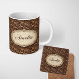 Personalized Custom Name Dark Brown Ornate Damask Seamless Pattern Luxury Vintage Floral 11oz Ceramic Coffee Tea Mug White Large Handle