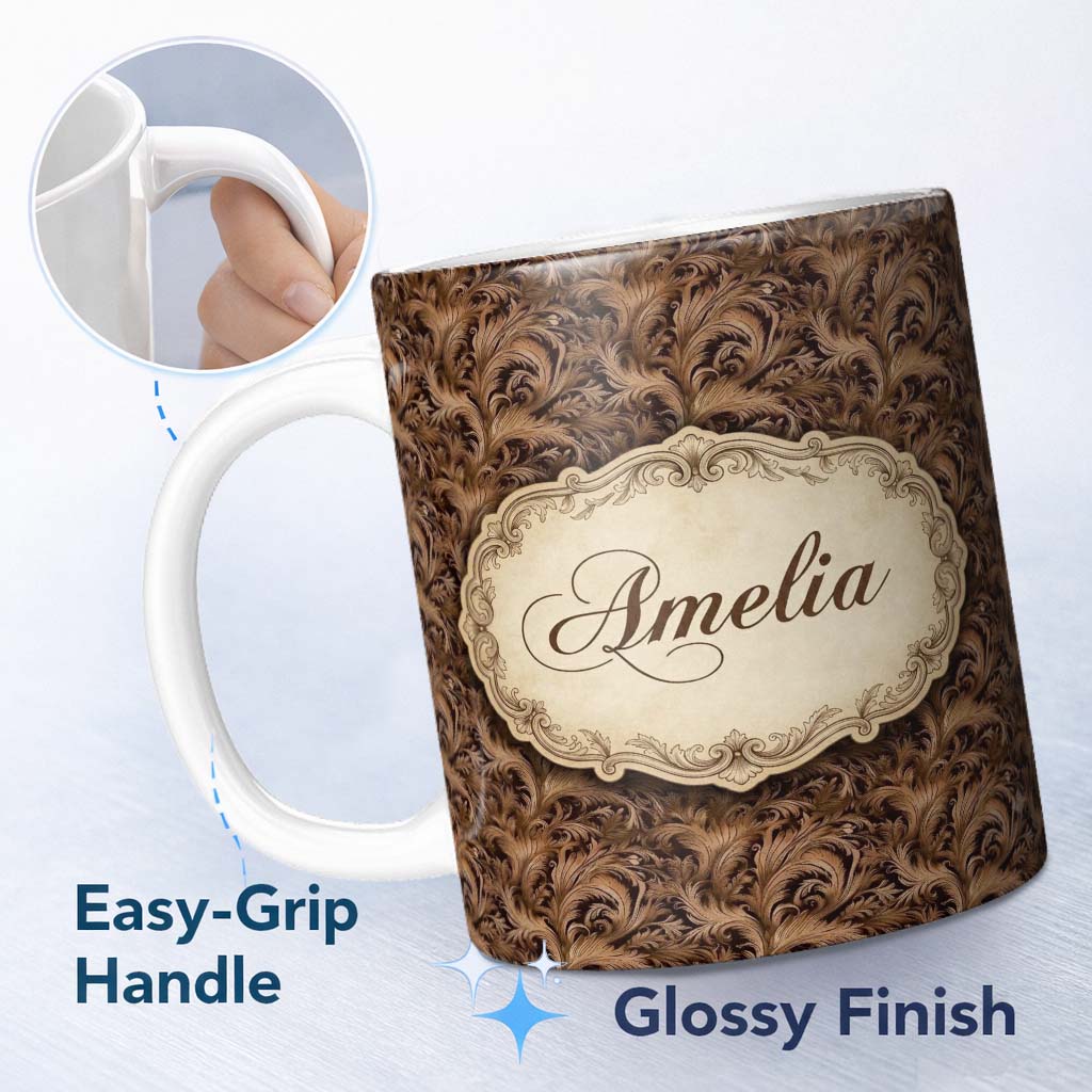 Personalized Custom Name Dark Brown Ornate Damask Seamless Pattern Luxury Vintage Floral 11oz Ceramic Coffee Tea Mug White Large Handle