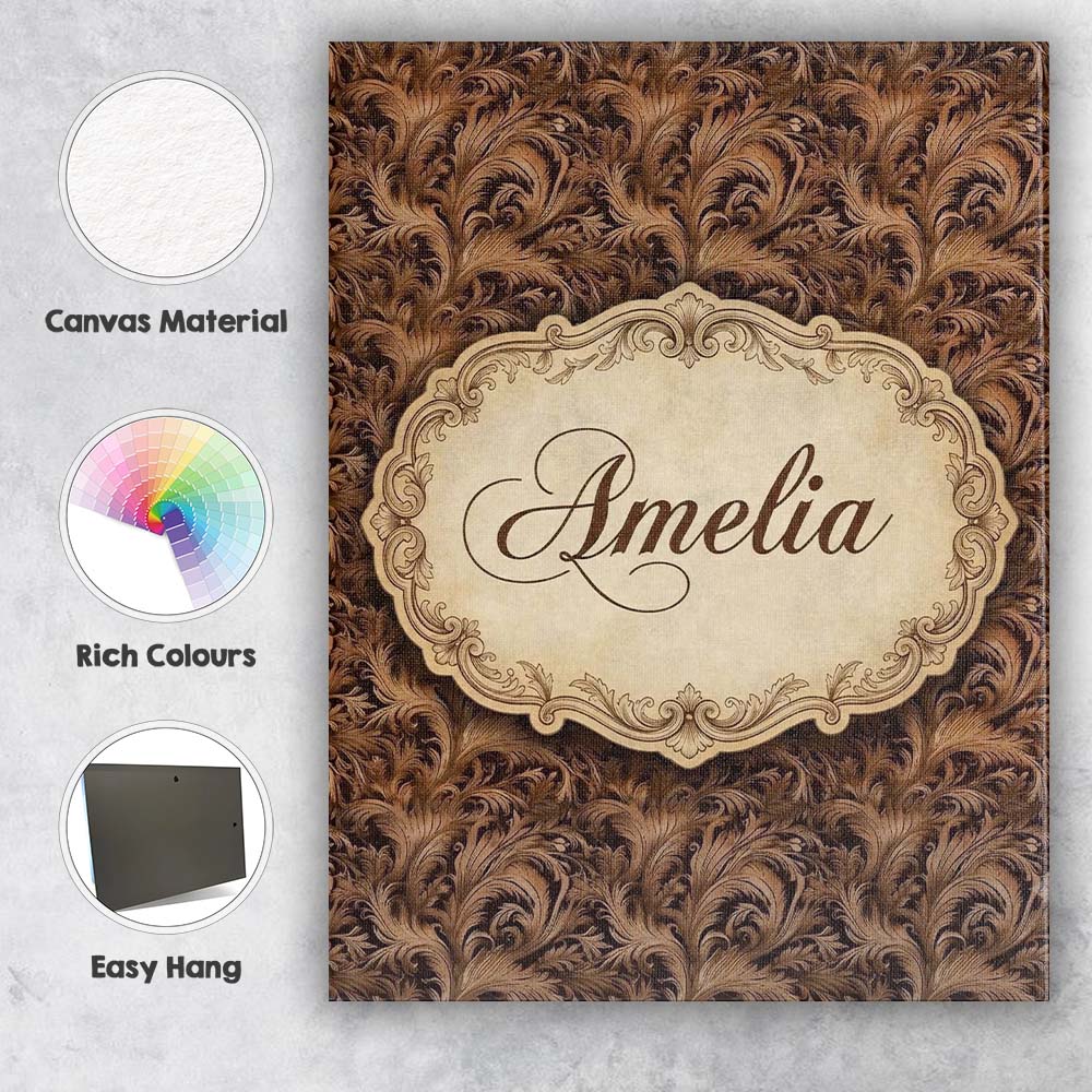 Personalised Name Dark Brown Ornate Damask Custom  Unique Gift Idea Elegant Feature Canvas Wall Art Print Decor Picture Ready to Hang