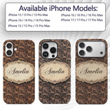 Dark Brown Ornate Damask Seamless Pattern Luxury Custom Name Protective Phone Case Mobile Cover Durable Everyday Smartphone Shock Resistant