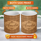 Personalized Custom Name Classic Brown Damask Ornamental Seamless Pattern Vintage Luxury 11oz Ceramic Coffee Tea Mug White Large Handle
