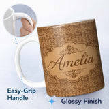 Personalized Custom Name Classic Brown Damask Ornamental Seamless Pattern Vintage Luxury 11oz Ceramic Coffee Tea Mug White Large Handle