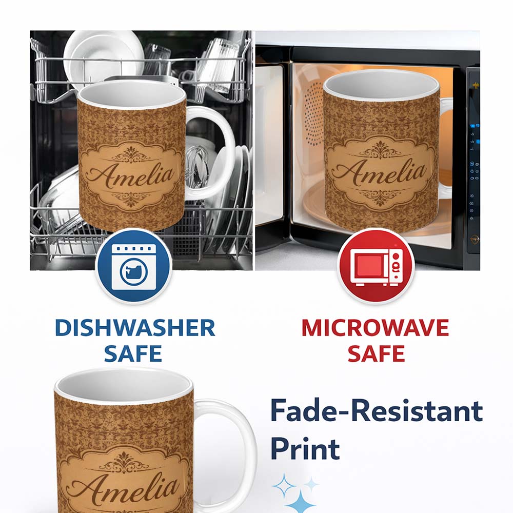 Personalized Custom Name Classic Brown Damask Ornamental Seamless Pattern Vintage Luxury 11oz Ceramic Coffee Tea Mug White Large Handle