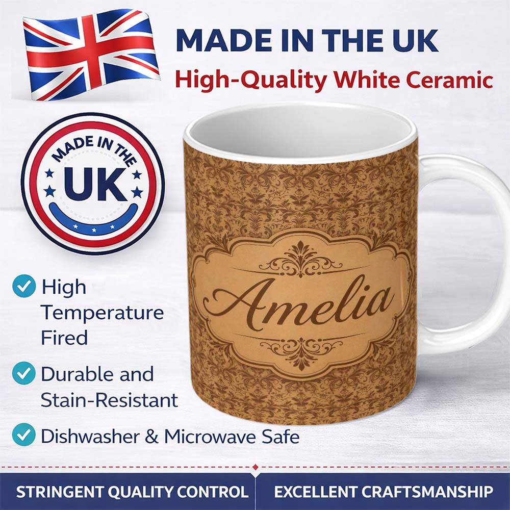 Personalized Custom Name Classic Brown Damask Ornamental Seamless Pattern Vintage Luxury 11oz Ceramic Coffee Tea Mug White Large Handle
