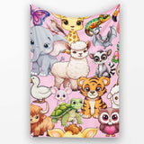Cute Cartoon Jungle Safari Animals Seamless Pattern on Light Pink  Personalised Custom Name Super Soft Fleece Blanket Bed Sofa Throw