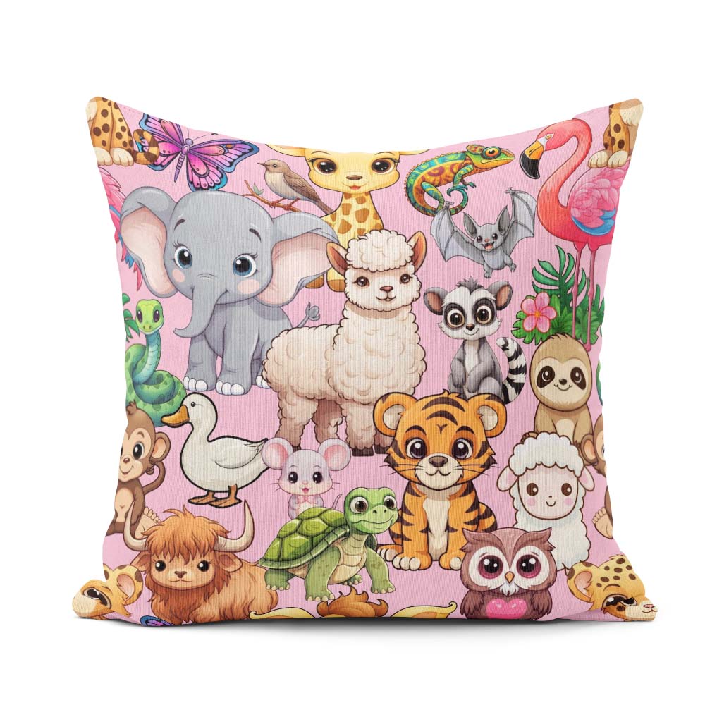 Custom Name Cartoon Jungle Safari Animals Seamless on Light Pink Square Filled Cushion Throw Pillow Sofa Bed Home Decor Zip Washable UK Made