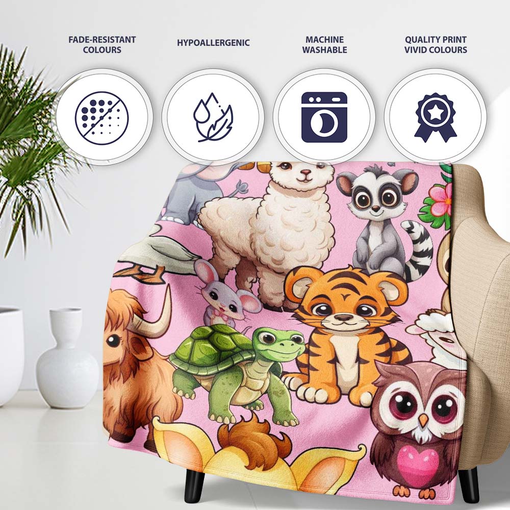 Cute Cartoon Jungle Safari Animals Seamless Pattern on Light Pink  Personalised Custom Name Super Soft Fleece Blanket Bed Sofa Throw