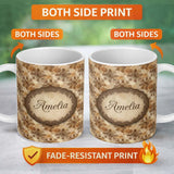 Personalized Custom Name Warm Brown Vintage Floral Seamless Pattern Classic Botanical 11oz Ceramic Coffee Tea Mug White Large Handle