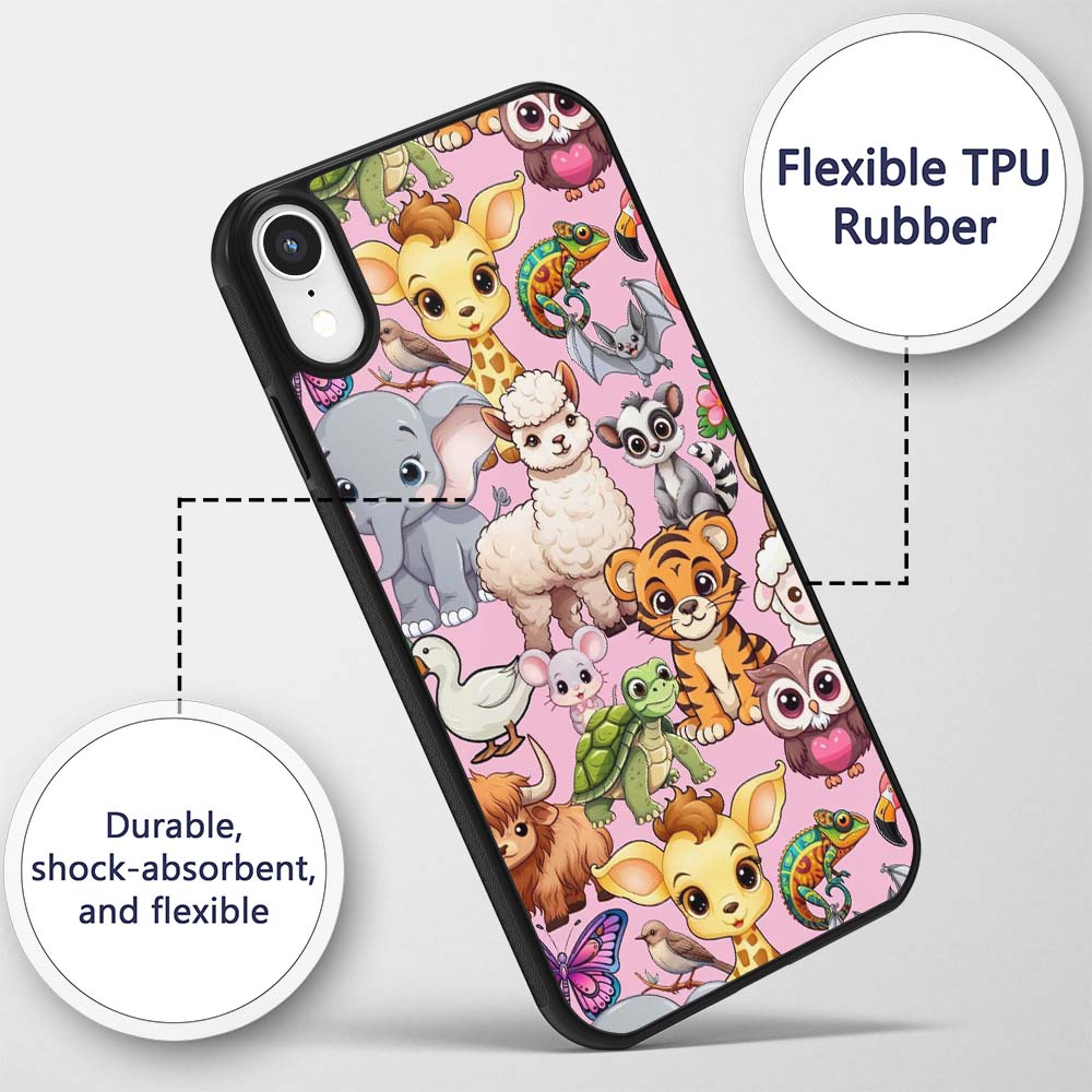 Cute Cartoon Jungle Safari Animals Printed Design Custom Name Protective Phone Case Mobile Cover Durable Everyday Smartphone Shock Resistant