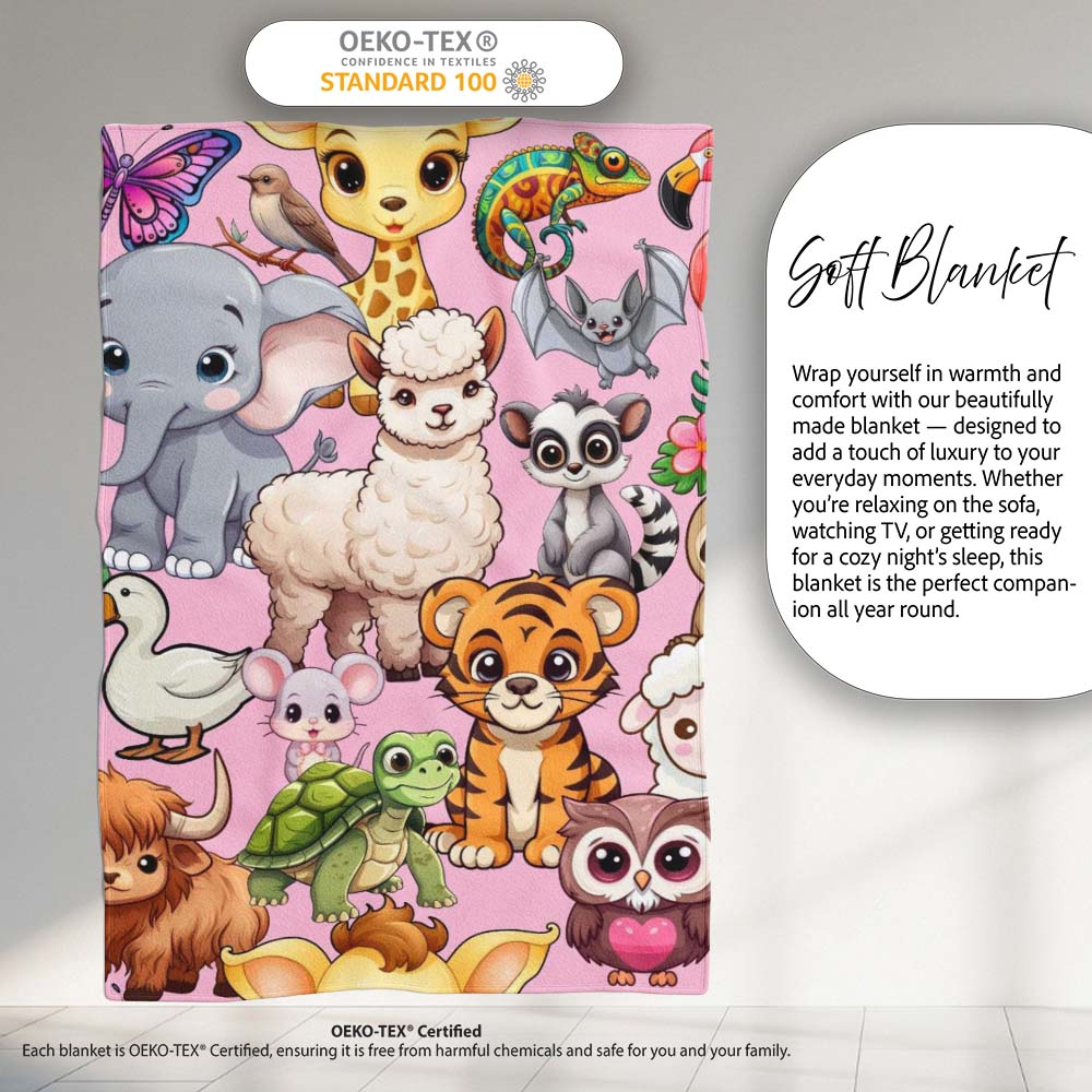 Cute Cartoon Jungle Safari Animals Seamless Pattern on Light Pink  Personalised Custom Name Super Soft Fleece Blanket Bed Sofa Throw