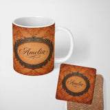 Personalized Custom Name Rust Orange Damask Seamless Pattern Classic Ornamental Vintage 11oz Ceramic Coffee Tea Mug White Large Handle