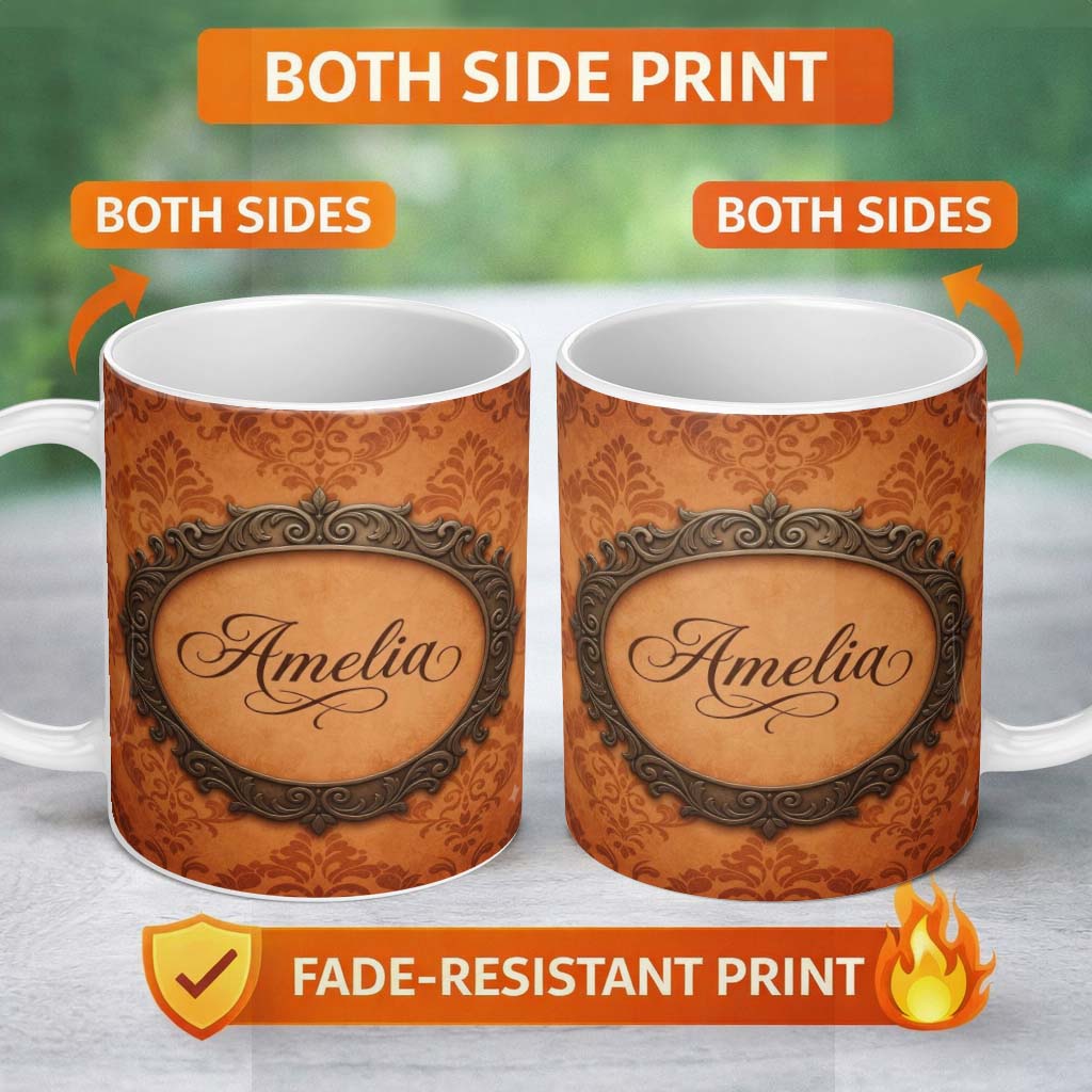 Personalized Custom Name Rust Orange Damask Seamless Pattern Classic Ornamental Vintage 11oz Ceramic Coffee Tea Mug White Large Handle