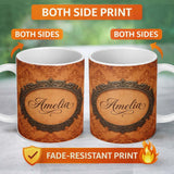 Personalized Custom Name Rust Orange Damask Seamless Pattern Classic Ornamental Vintage 11oz Ceramic Coffee Tea Mug White Large Handle