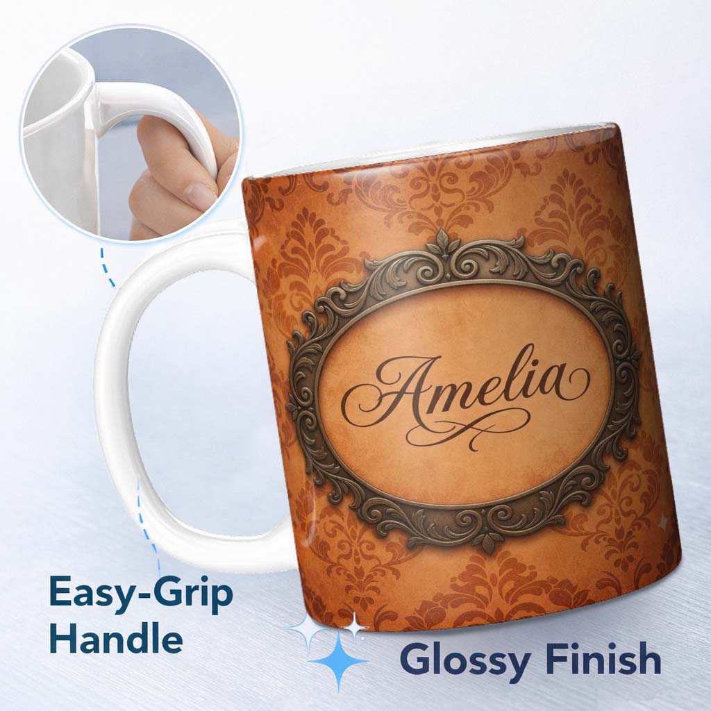 Personalized Custom Name Rust Orange Damask Seamless Pattern Classic Ornamental Vintage 11oz Ceramic Coffee Tea Mug White Large Handle
