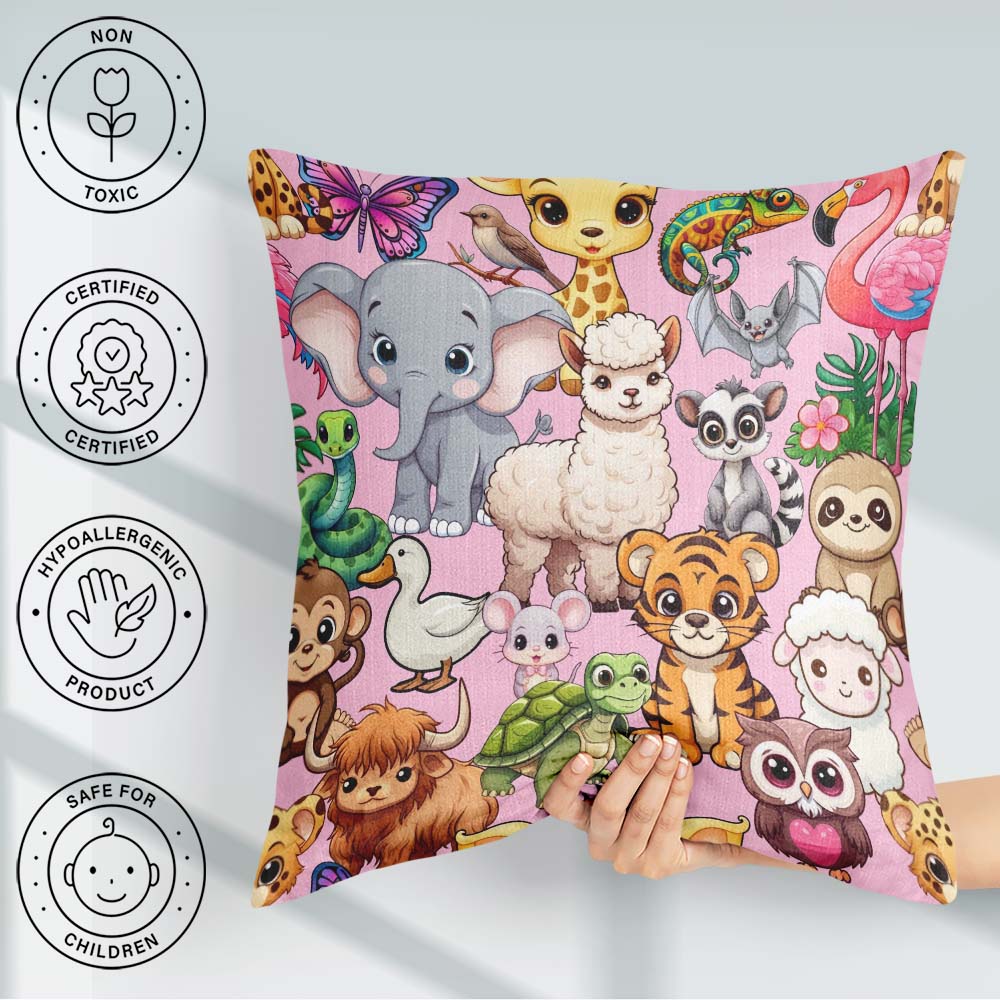 Custom Name Cartoon Jungle Safari Animals Seamless on Light Pink Square Filled Cushion Throw Pillow Sofa Bed Home Decor Zip Washable UK Made