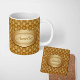 Personalized Custom Name Golden Ornate Damask Seamless Pattern Luxury Vintage Floral Design 11oz Ceramic Coffee Tea Mug White Large Handle