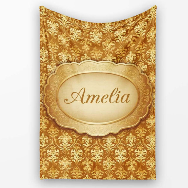 Golden Ornate Damask Seamless Pattern Luxury Vintage Floral Design  Personalised Custom Name Super Soft Fleece Blanket Bed Sofa Throw