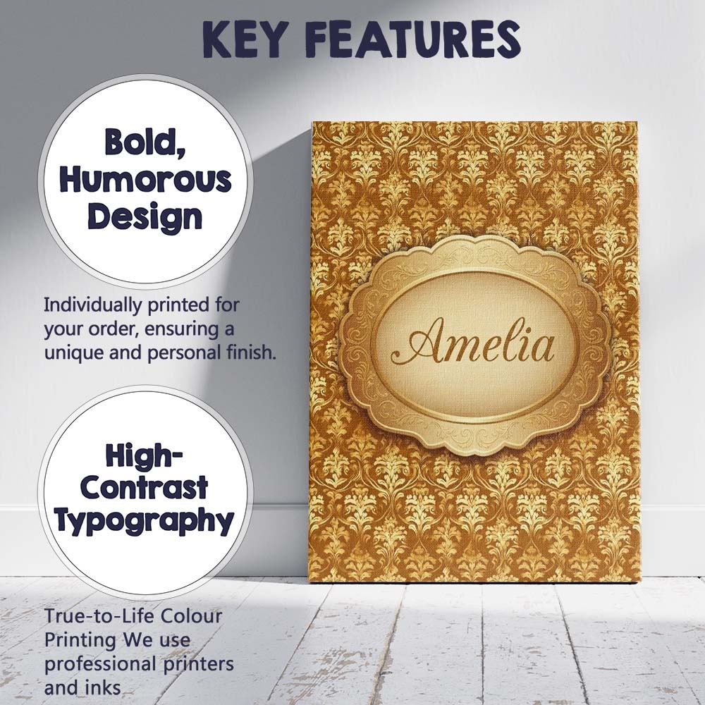 Personalised Name Golden Ornate Damask Custom  Modern Room Accent Elegant Feature Canvas Wall Art Print Decor Picture Ready to Hang