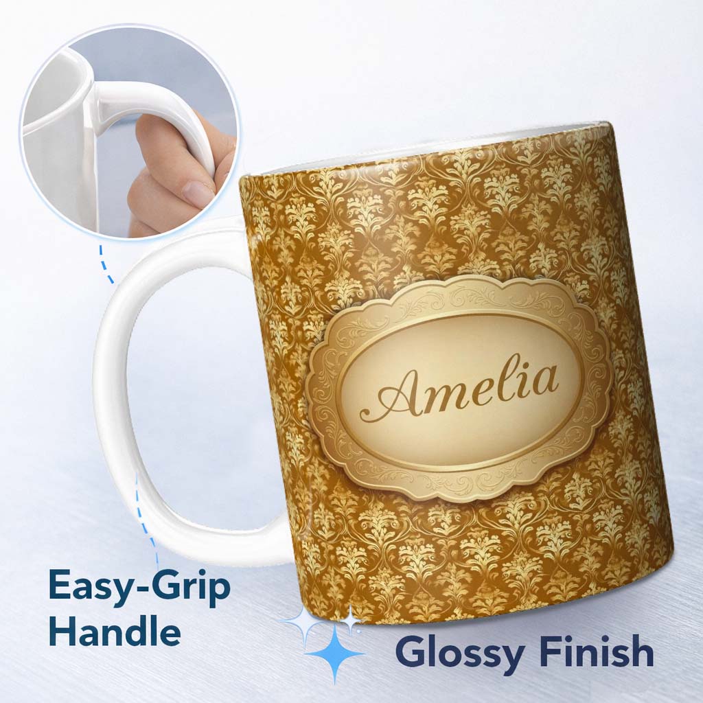 Personalized Custom Name Golden Ornate Damask Seamless Pattern Luxury Vintage Floral Design 11oz Ceramic Coffee Tea Mug White Large Handle