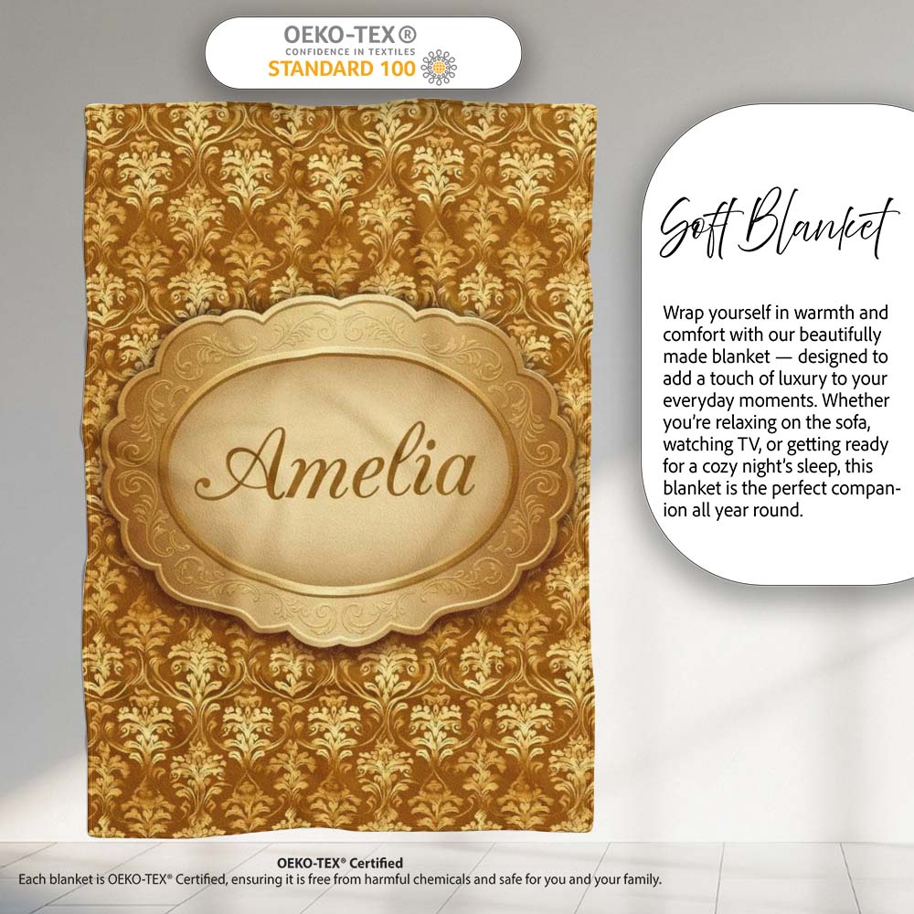 Golden Ornate Damask Seamless Pattern Luxury Vintage Floral Design  Personalised Custom Name Super Soft Fleece Blanket Bed Sofa Throw