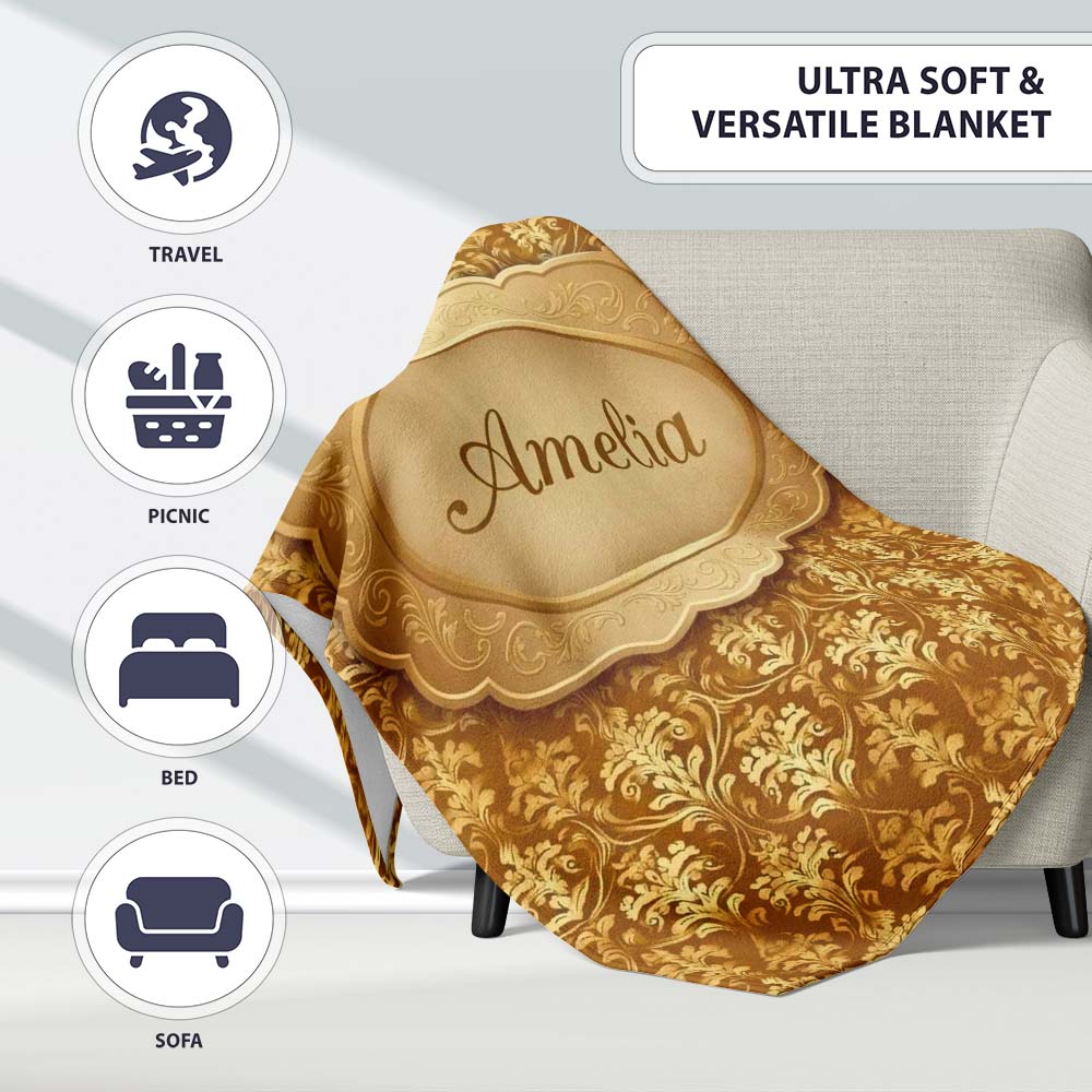 Golden Ornate Damask Seamless Pattern Luxury Vintage Floral Design  Personalised Custom Name Super Soft Fleece Blanket Bed Sofa Throw