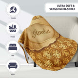 Golden Ornate Damask Seamless Pattern Luxury Vintage Floral Design  Personalised Custom Name Super Soft Fleece Blanket Bed Sofa Throw