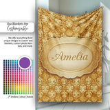Golden Ornate Damask Seamless Pattern Luxury Vintage Floral Design  Personalised Custom Name Super Soft Fleece Blanket Bed Sofa Throw